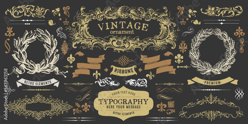 Vintage Decorative Ornament. Ornate Vignettes. Floral Elements. Calligraphic Antique, Baroque, Classic Frame. Labels, Badge, Retro Ribbon, Luxury Swirl, Flourish Elegant Design. Label Shape. 