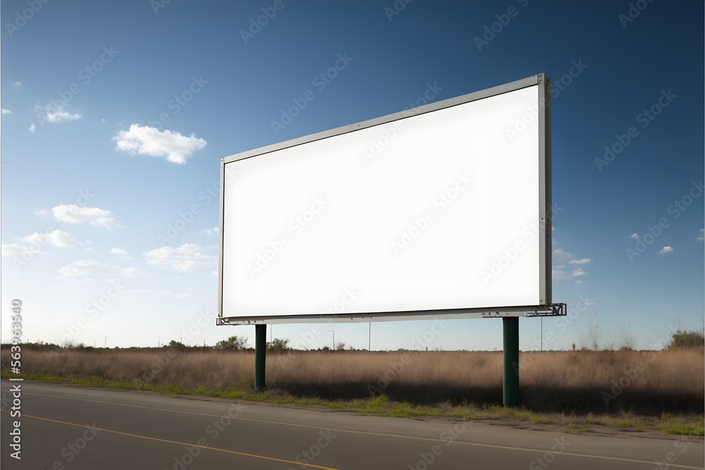 Vertical blank white billboard at wild. In the background beach and road. Mock up. generative ai, Poster on street next to roadway. Sunny summer day. Vertical blank white billboard at wild. In the background beach and road. Mock up. generative ai, Poster on street next to roadway. Sunny summer day.