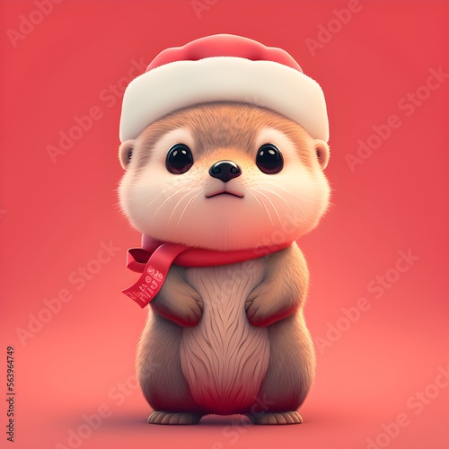 illustration of pink Chilean Pudu - stand up anthropomorphic valentine gift holding happy cute  Sea Otter created by generative ai tool  fluffy and hairy  wearing a winter hat  and scarf