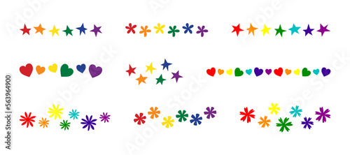 Decorative elements in rainbow colors for bright and unique design and decor. Set of multi colored hearts, stars and flowers. Colorful border lines for lgbt, Pride Month. Rainbow colored pattern lines