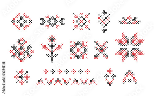 Ukrainian embroidery ornament. Set illustrations of red and black embroidery. Embroidered pattern, decorative element. Traditional national Ukrainian decorative element. Stitches and crosses on canvas