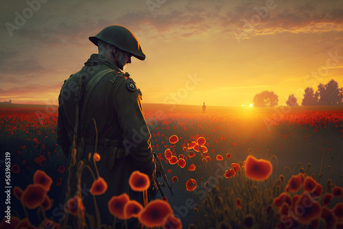 The silhouette of a British World War 2 soldier. Ai Generated.
