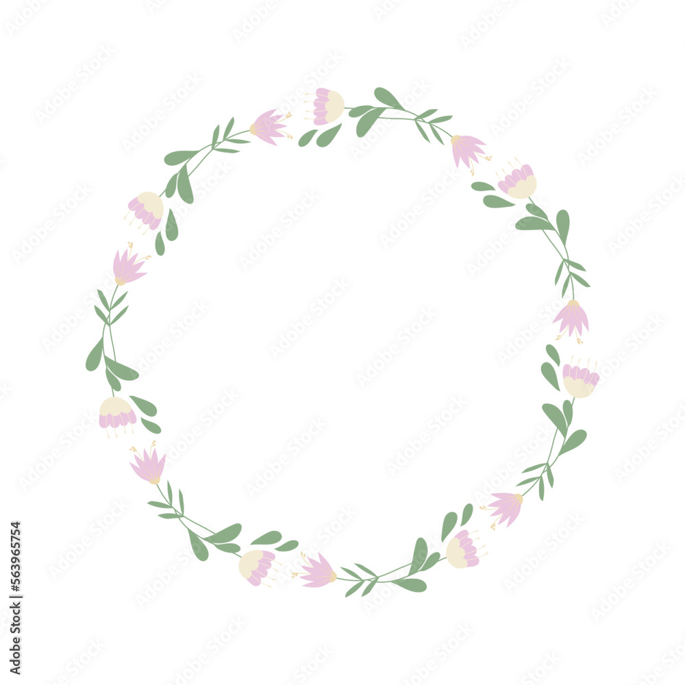 Flower wreath, spring decorative border for photo or for text. Women's day, mother's day festive natural frame. Decorative element for Easter postcard or folk wedding invitation. Floral round frame.