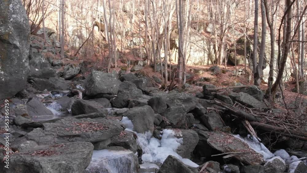 Stream flowing in alpine woodland and birch tree forest, among boulders and rocks, relaxation in nature meditation concept Stream flowing in alpine woodland and birch tree forest, among boulders and rocks, relaxation in nature meditation concept