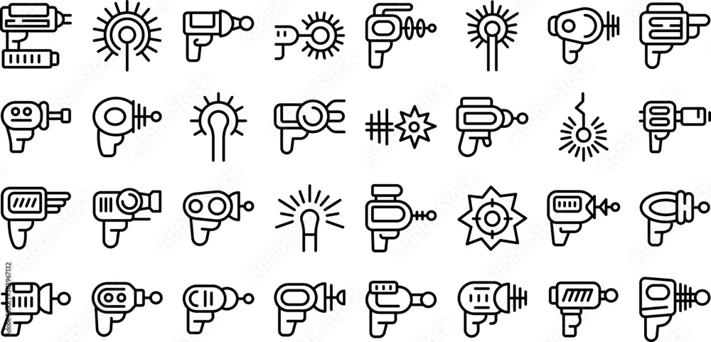 Laser gun beam icons set outline vector. Toy gun. Space alien