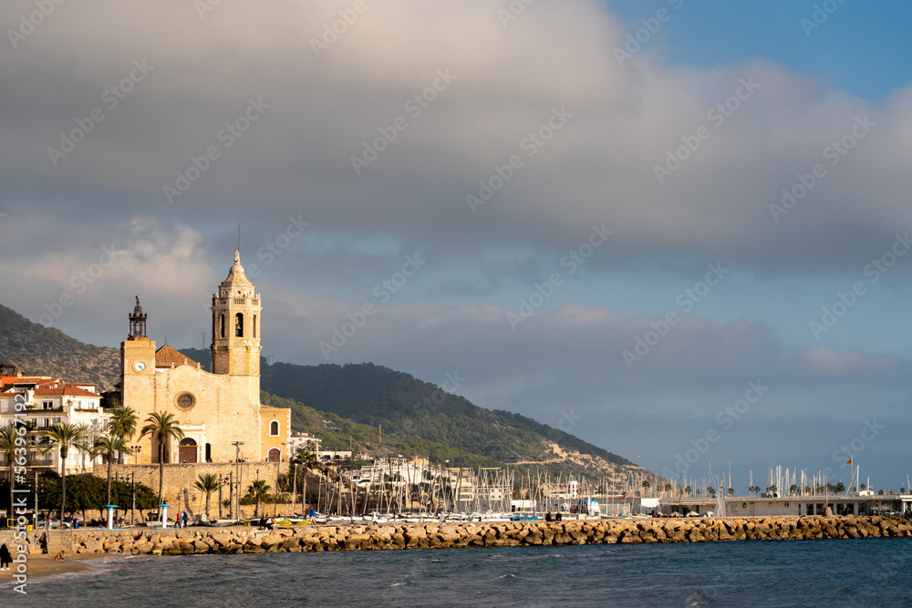 Naklejka premium architecture, bay, beach, beautiful, blue, boat, building, church, city, cityscape, coast, coastline, europe, harbor, island, landmark, landscape, Mediterranean, old, sea, sky, summer, tourism, tower,