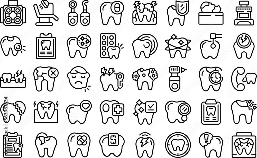 Toothache icons set outline vector. Tooth kid. Bad pain