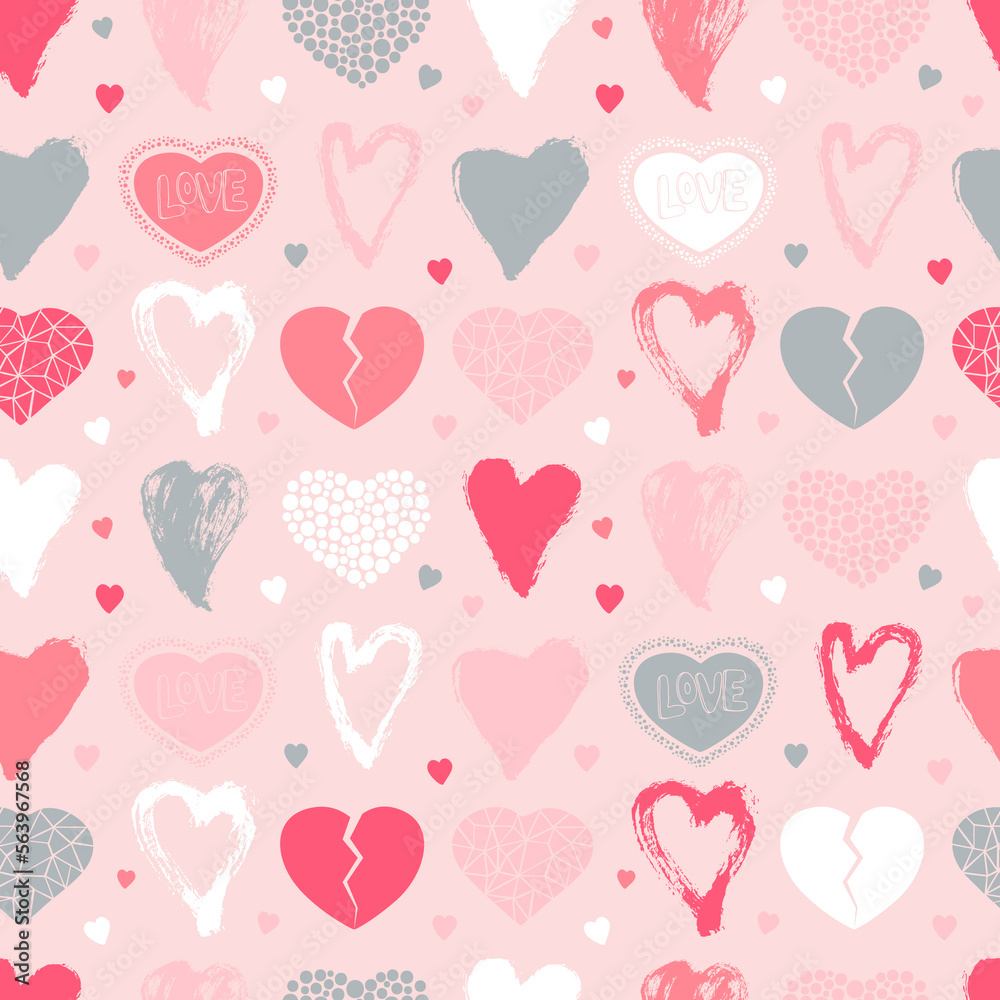 Valentine's Day hand drawn seamless pattern of hearts. Love symbol. Marker and brush different heart shapes. Colorful romantic doodle sketch illustration for greeting card, wallpaper, wrapping paper