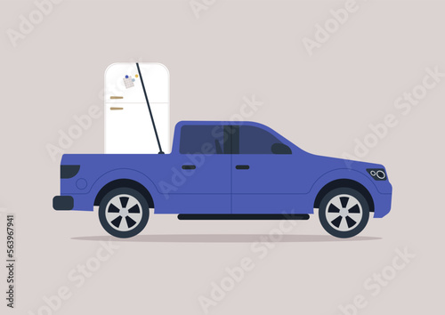 A car loaded with a fridge, a moving company, a refrigerator in a truck