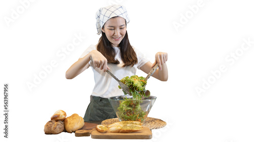 Asian woman making vegetable salad in her home kitchen, Vegetables contain a wide variety of vitamins and minerals, High-fiber and low-calorie diets, Healthy vegetable salad idea, Appetizer concept.