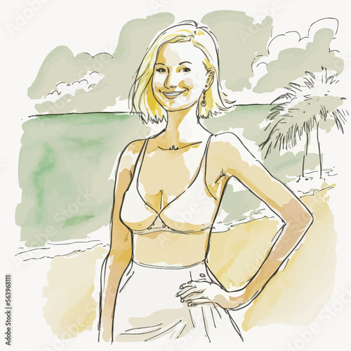 A woman poses, hand on hip, admiring the horizon of the beach and the sea. Ideal to illustrate vacations and freedom.