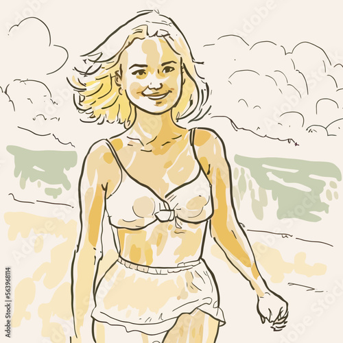 A feminist committed woman, well dressed, on vacation with a message of hope and freedom for the women of the world. This image inspires a lasting and engaging freedom.