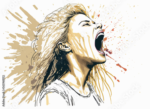 Frustrated woman emitting a primal howl of rage, teeth bared. Her powerful emotions create an evocative, dramatic image, perfect for conveying strong feelings.