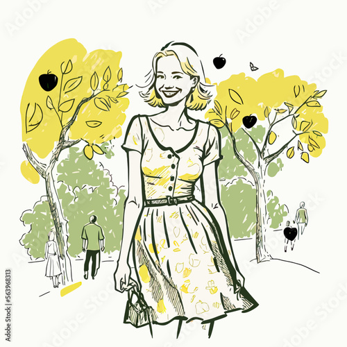 Illustration of a young girl taking a peaceful walk in a lively city park: ideal for reviving the dynamism of urban spaces and creating a positive atmosphere.