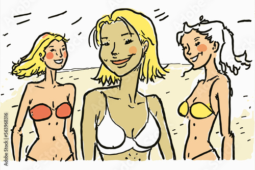 Three beautiful young women in bikinis enjoying the sun and vacations at the beach. Perfect image to give desire to bask in the sun and tan.
