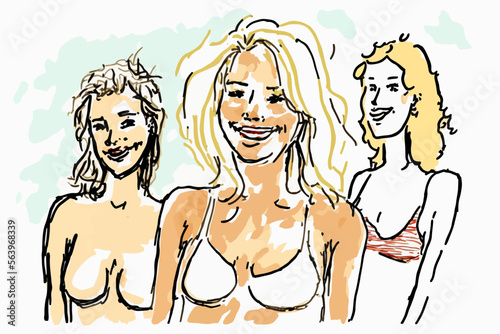 3 beautiful women having fun and relaxing on the beach in bikinis. A perfect image to represent a beach getaway, a successful vacation or a busy day.