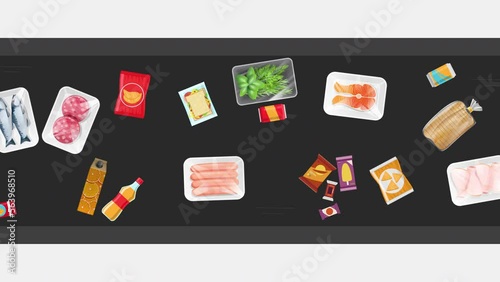 The movement of the conveyor with a lot of different products in the supermarket. Video animation. Product reserve. Saving money. View from above.