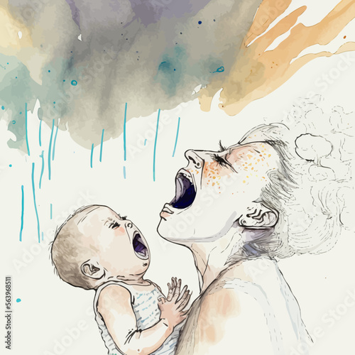 Illustration of a mother enduring parental burnout, following the crying of her baby. An image that illustrates the emotional consequences of difficult parenthood.