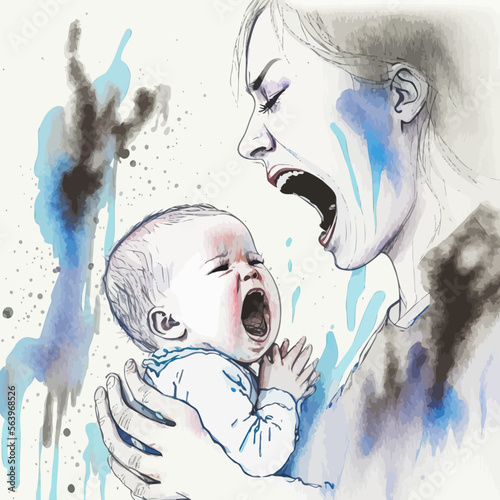 An illustration showing a mother suffering from parental burn out in front of her baby's crying. An image evoking the fatigue, the gap and the difficulties of parenthood.