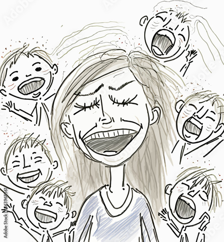 An image of a mother worn out by parental burnout and surrounded by her children in full demand and caprice. A moving and graphically dynamic illustration.
