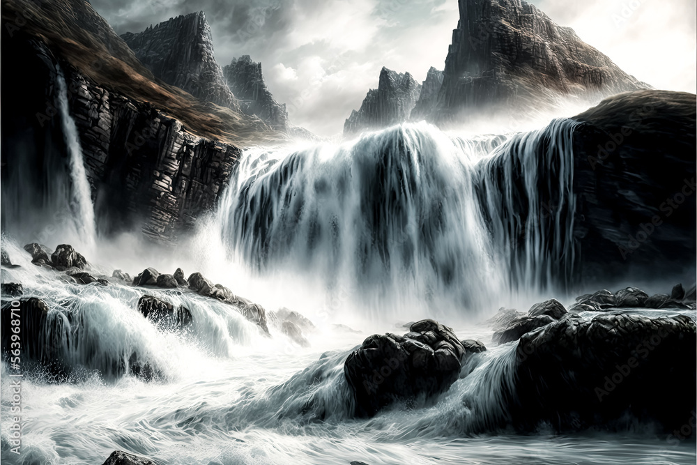Fototapeta premium a waterfall with rocks and a cloudy sky - Generative AI