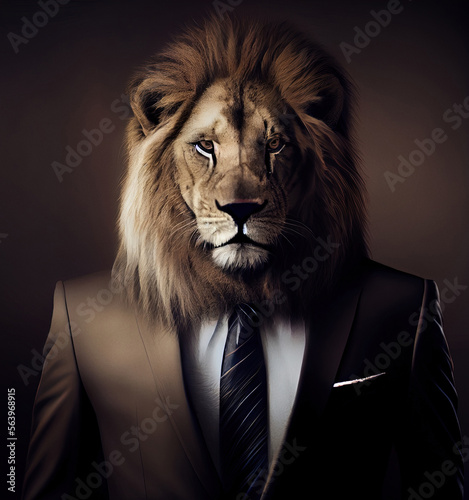 Portrait of a lion in elegant business suit outfit. Serious boss concept.   Digitally generated AI image.