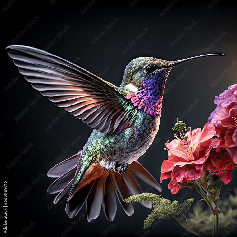 Obraz premium a hummingbird flying over pink flowers - Generative AI