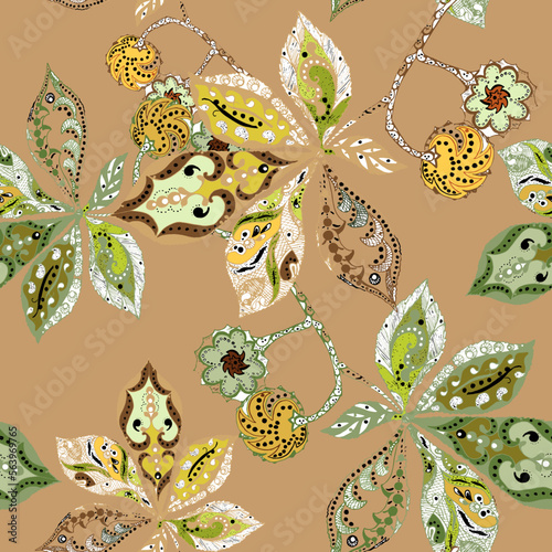 Vector seamless pattern of decorative leaves with nut.
