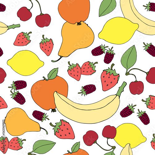 Vector seamless pattern with fruits and berries on white background.