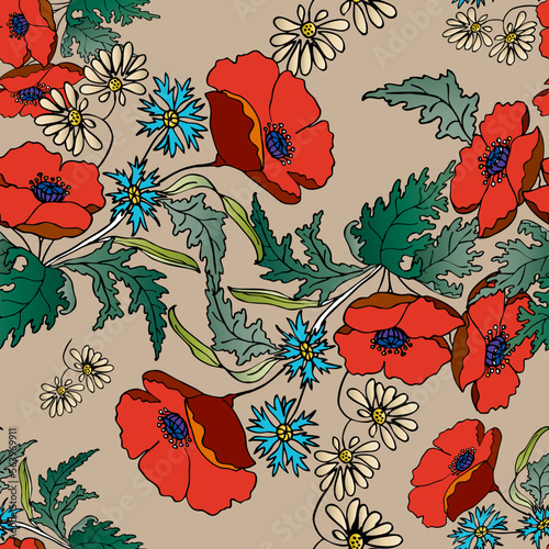 Seamless floral pattern with field meadow flowers. Vector illustration.