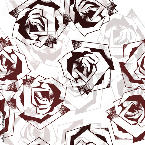 Graphic roses on white background. Vector seamless pattern.