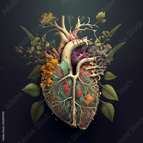 Generative AI illustration  of an anatomical heart with stylised flowers surrounding it