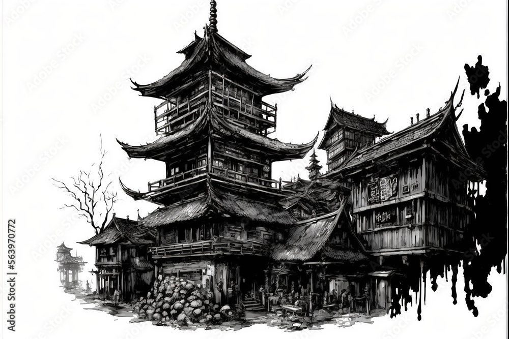 Naklejka premium Ink buildings created with Generative AI technology