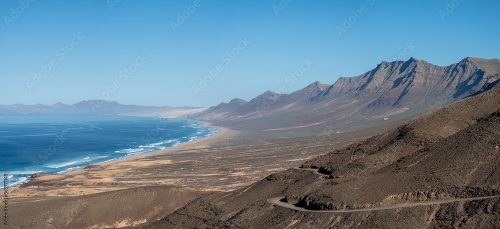 Panoramic view of the beach and mountains of Cofete in Fuerteventura from the viewpoint