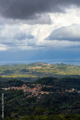 Moody sky over mountains in corfu Greece. Panoramic landscape scenery.
