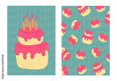 A set of rectangular birthday greeting cards and a background with cakes with candles. Vector greeting card on two sheets