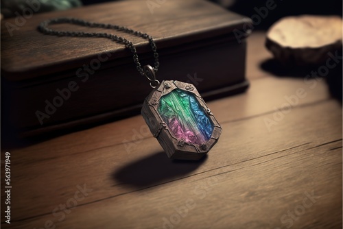beautiful glowing crystal prismatic amulet laying on the table in a magical workshop created with Generative AI technology
