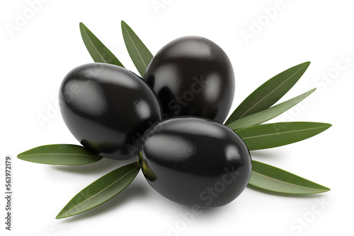 Three delicious black olives  isolated on white background. Based on generative AI