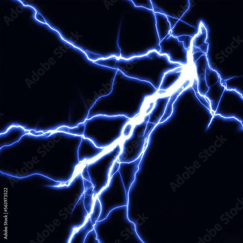 Illustration of lightning strike on black background. Generative AI. © POKPAK
