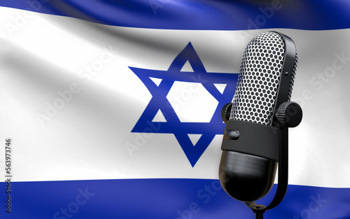 Israel national flag with microphone composition of voice of truth debate information radio broadcast translation radio podcast freedom of speech concept 3d rendering image