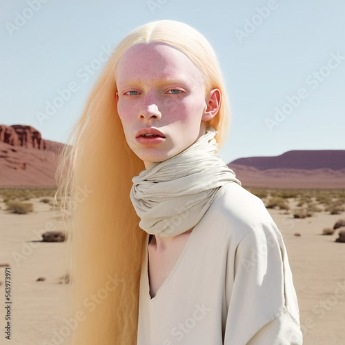 Generative ai portrait of beautiful albino woman fashionable outdoors desert