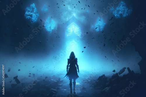 illustration numérique de fantaisie, femme guerrière de dos en silhouette dans un environnement magique de lumière bleue étrange et menaçante