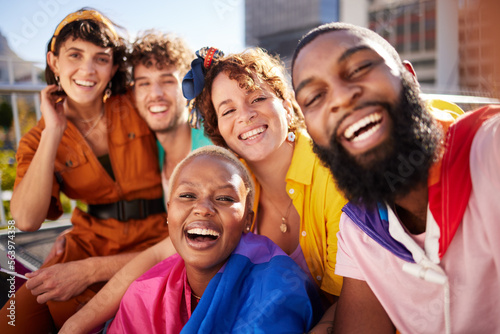 LGBTQ, selfie portrait or diversity friends happy, smile and enjoy outdoor time together, fun or holiday vacation. Transgender, bisexual and lesbian gay people with memory photo of friendship reunion