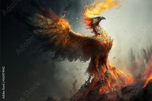 Fantastic phoenix in fire created with Generative AI technology