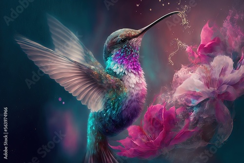 illustration douce de colibri en vol butinant des fleurs colorées, ambiance magique et poétique