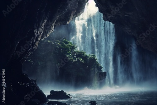 Fotobehang paysage réaliste de grotte rocheuse avec plan deau ou rivière naturelle