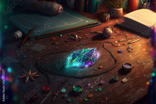beautiful glowing crystal prismatic amulet laying on the table in a magical workshop Generative AI