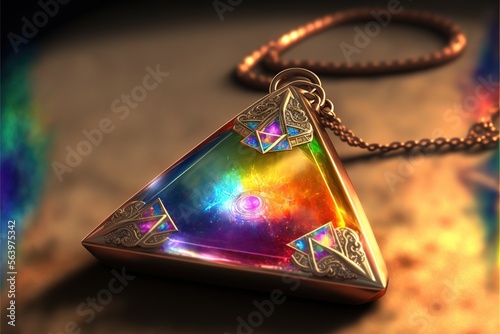 beautiful glowing crystal prismatic amulet laying on the table in a magical  workshop Generative AI photo