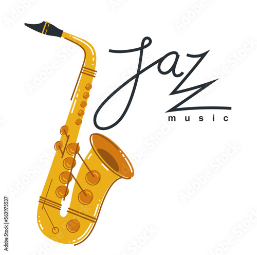 Jazz music emblem or logo vector flat style illustration isolated, saxophone logotype for recording label or studio or musical band.