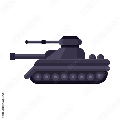 Military armed tank in cartoon style. Combat Artillery vehicle on caterpillars armed with large caliber weapons and heavy shells. War, battle concept